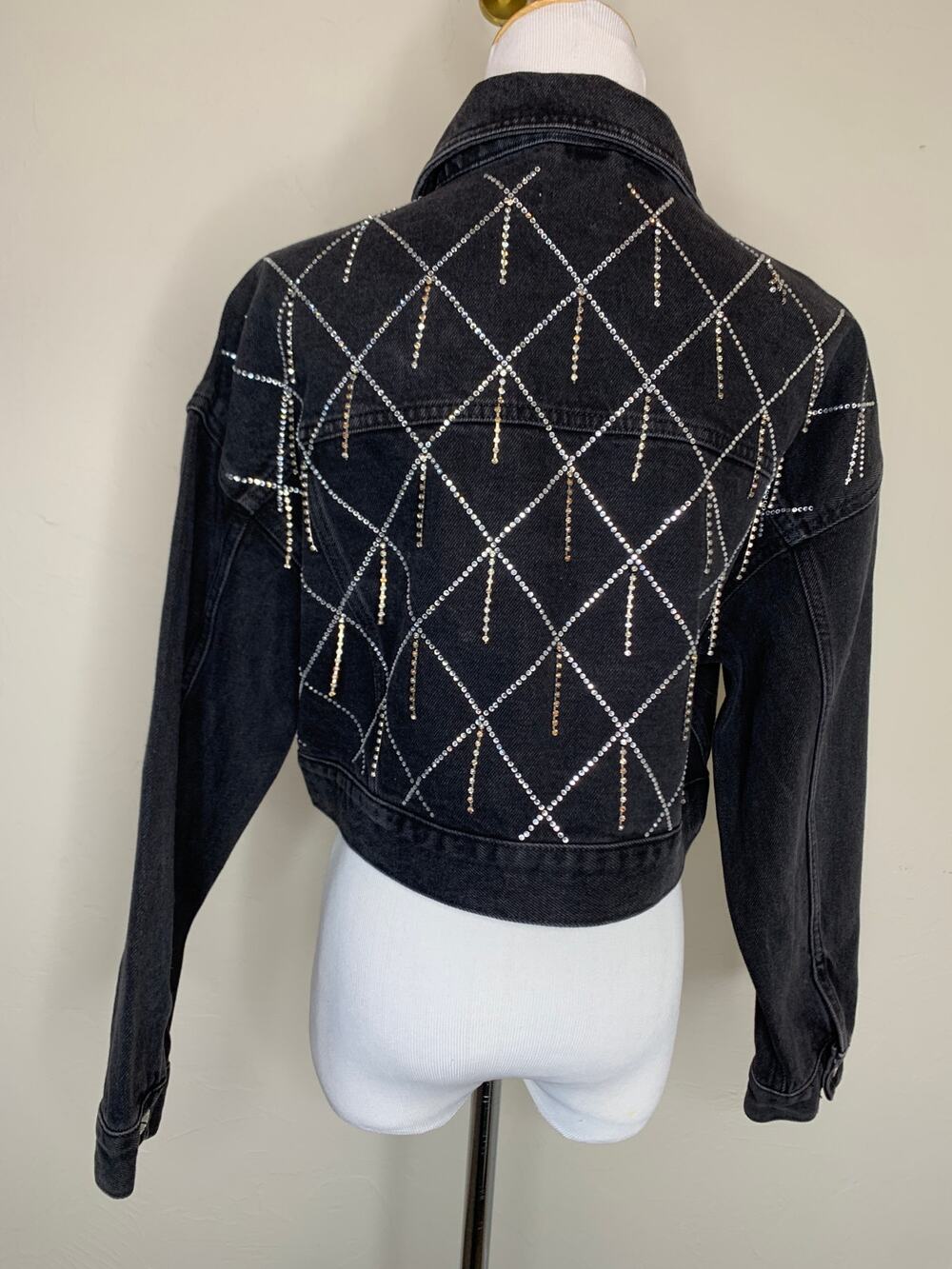 RARE Topshop Black Rhinestone Embellished Jean jacket Sz 4